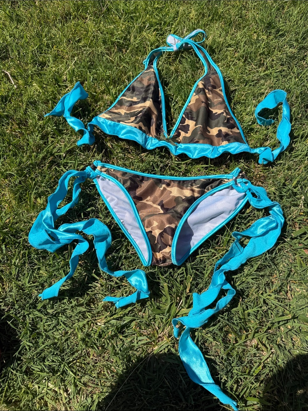 Camo Print Triangle Bikini with Turquoise Trim